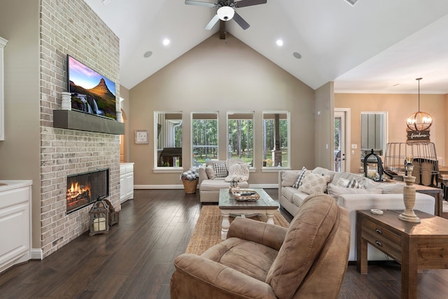 115 Dedication Trl, Huntsville, TX 77340 - living room with a fireplace, ceiling fan, dark wood-type flooring, high vaulted ceiling, and recessed lighting