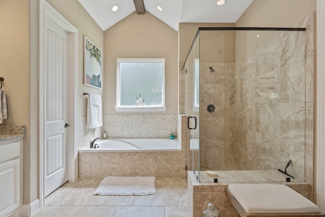 115 Dedication Trl, Huntsville, TX 77340 - full bathroom featuring a bath, lofted ceiling, a stall shower, and vanity