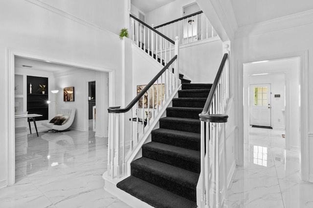 4814 Kirkwall Dr, Sugar Land, TX 77479 - stairway featuring marble tiled flooring and ornamental molding