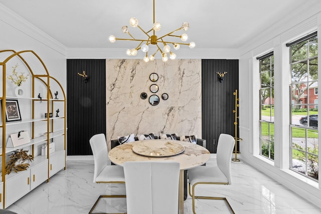 4814 Kirkwall Dr, Sugar Land, TX 77479 - dining space featuring healthy amount of natural light, a chandelier, marble tiled flooring, and crown molding