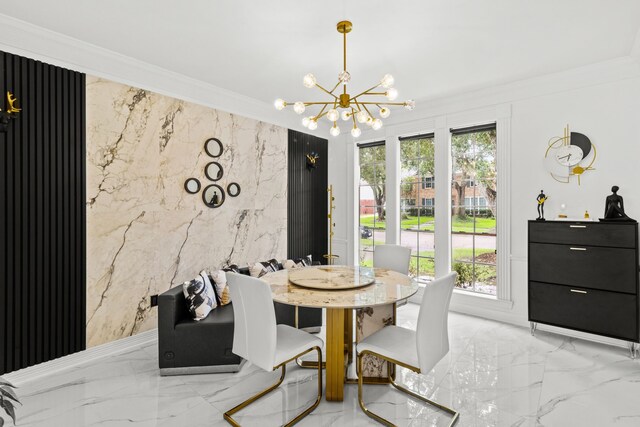 4814 Kirkwall Dr, Sugar Land, TX 77479 - dining room with marble tiled flooring, a chandelier, ornamental molding, plenty of natural light, and stone wall
