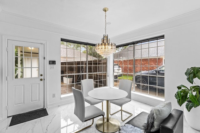 4814 Kirkwall Dr, Sugar Land, TX 77479 - dining space featuring marble tiled flooring, a chandelier, ornamental molding, and plenty of natural light