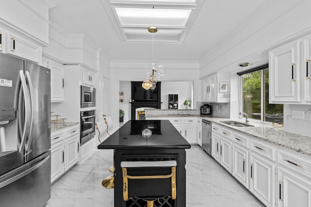 4814 Kirkwall Dr, Sugar Land, TX 77479 - kitchen with appliances with stainless steel finishes, white cabinets, light marble finish flooring, and light stone countertops