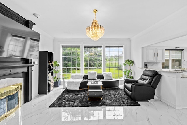 4814 Kirkwall Dr, Sugar Land, TX 77479 - living area featuring a chandelier, a premium fireplace, and light marble finish floors
