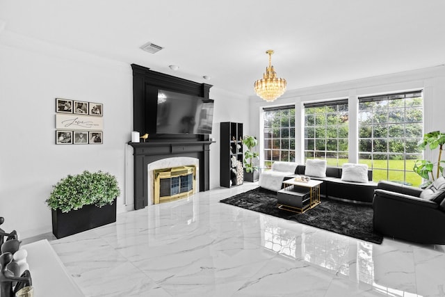 4814 Kirkwall Dr, Sugar Land, TX 77479 - living area featuring a chandelier, a premium fireplace, marble tiled floors, and crown molding