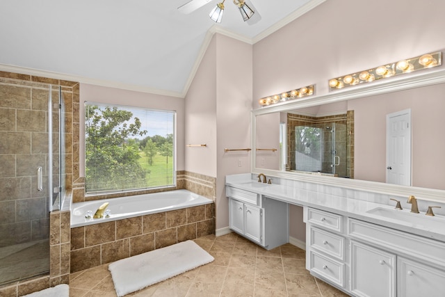 4814 Kirkwall Dr, Sugar Land, TX 77479 - bathroom featuring double vanity, ornamental molding, a shower stall, a bath, and tile patterned flooring