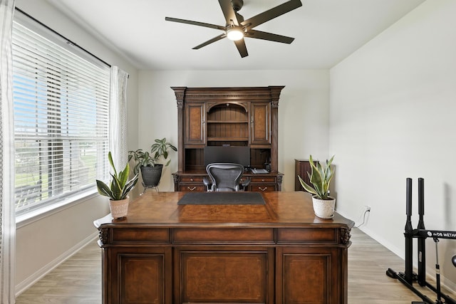 16413 Stonewall St, Conroe, TX 77303 - office area featuring ceiling fan and light wood finished floors