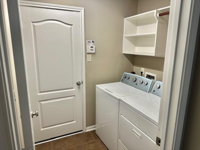 19522 Brighton Brook Ln, Richmond, TX 77407 - laundry area with washing machine and clothes dryer and dark tile patterned floors
