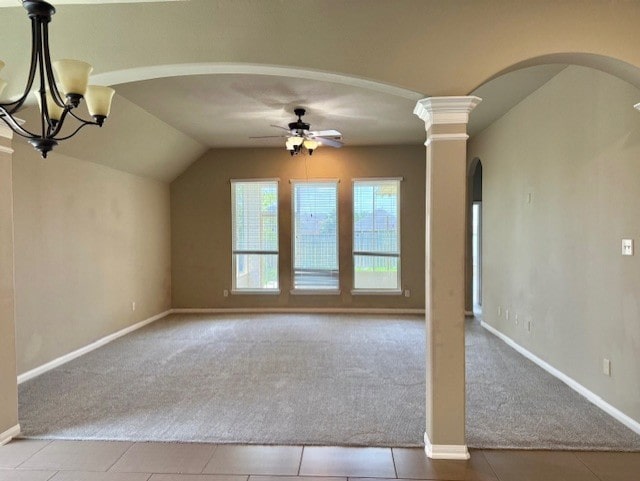 19522 Brighton Brook Ln, Richmond, TX 77407 - bonus room featuring carpet flooring, arched walkways, ceiling fan, lofted ceiling, and a chandelier