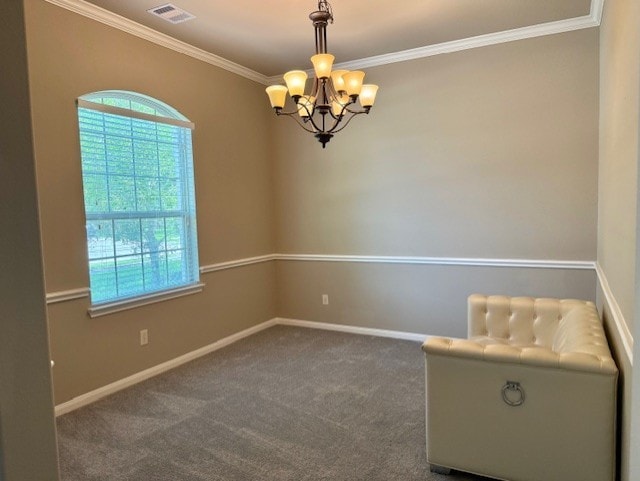19522 Brighton Brook Ln, Richmond, TX 77407 - unfurnished room featuring healthy amount of natural light, a chandelier, crown molding, and dark colored carpet