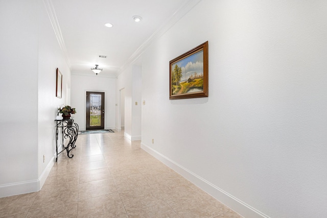 4606 Silhouette Dr, Katy, TX 77493 - hall featuring crown molding, light tile patterned floors, and recessed lighting