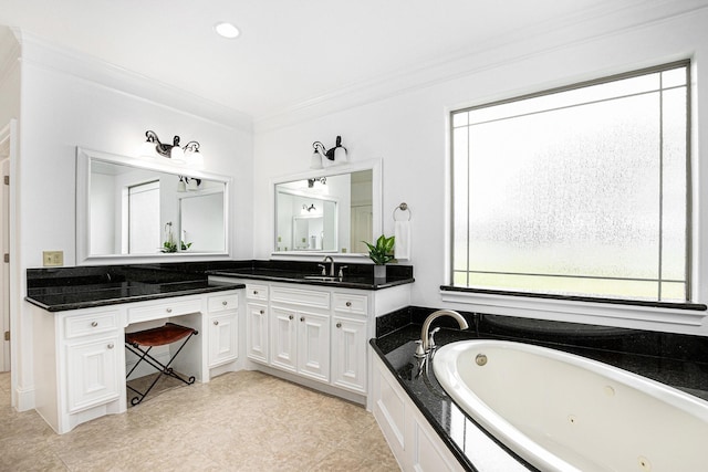 4606 Silhouette Dr, Katy, TX 77493 - full bath featuring vanity, a jetted tub, crown molding, and recessed lighting