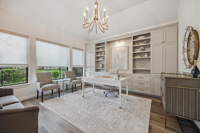 631 Rita Blanca Dr, Webster, TX 77598 - office space featuring a chandelier, high vaulted ceiling, and dark wood-type flooring
