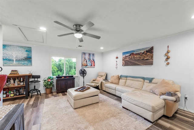 703 Pecan Valley Dr, Wharton, TX 77488 - living room featuring attic access, ceiling fan, wood finished floors, recessed lighting, and crown molding