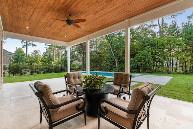 25203 Elijah Ct, Tomball, TX 77375 - fenced backyard featuring ceiling fan, a patio area, an outdoor pool, and view of scattered trees