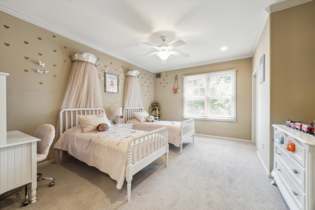 2207 Dunraven Ln, Houston, TX 77019 - bedroom with ornamental molding, light carpet, and a ceiling fan