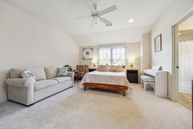 2207 Dunraven Ln, Houston, TX 77019 - carpeted bedroom featuring ornamental molding, a ceiling fan, lofted ceiling, and recessed lighting