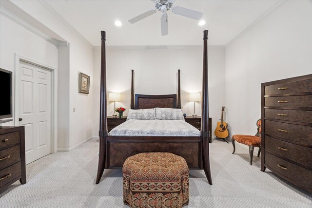 2207 Dunraven Ln, Houston, TX 77019 - bedroom featuring light carpet, crown molding, ceiling fan, and recessed lighting