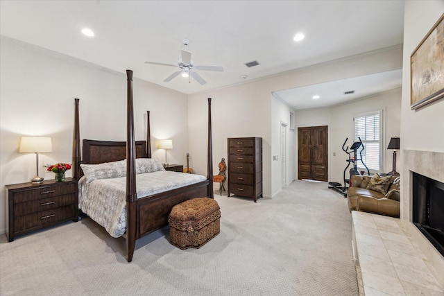 2207 Dunraven Ln, Houston, TX 77019 - bedroom featuring light carpet, recessed lighting, a high end fireplace, ceiling fan, and ornamental molding