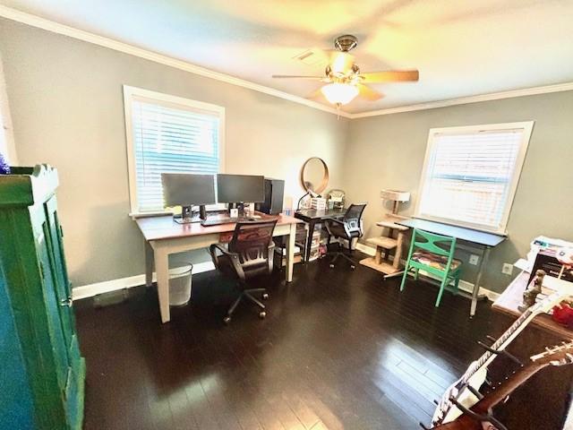 9618 Chatfield St, Houston, TX 77025 - home office featuring ceiling fan, dark wood-type flooring, and ornamental molding