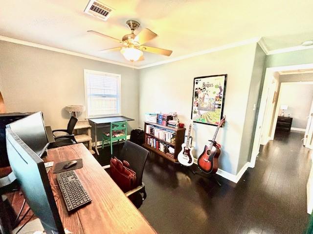 9618 Chatfield St, Houston, TX 77025 - home office featuring ceiling fan, crown molding, and wood finished floors