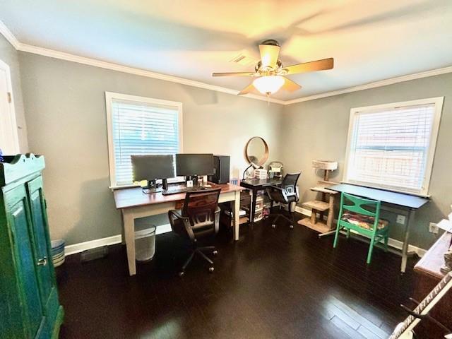 9618 Chatfield St, Houston, TX 77025 - office area with a ceiling fan, crown molding, and wood finished floors
