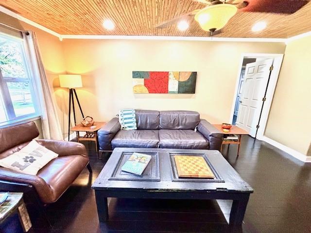 9618 Chatfield St, Houston, TX 77025 - living area featuring wooden ceiling, ornamental molding, and recessed lighting