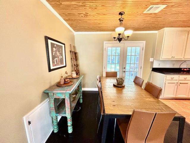 9618 Chatfield St, Houston, TX 77025 - dining area featuring wood ceiling, french doors, ornamental molding, and light wood finished floors