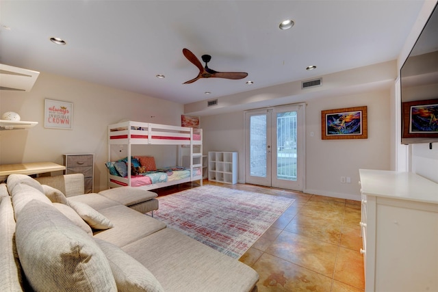 3211 Pittsburg St, West University Place, TX 77005 - bedroom with access to outside, french doors, light tile patterned floors, ceiling fan, and recessed lighting