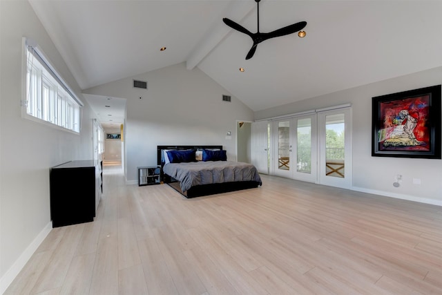 3211 Pittsburg St, West University Place, TX 77005 - bedroom with beamed ceiling, access to exterior, high vaulted ceiling, light wood finished floors, and multiple windows