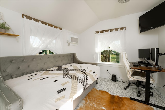 210 N Scott St, Fayetteville, TX 78940 - bedroom featuring vaulted ceiling, a wall mounted air conditioner, and an office area