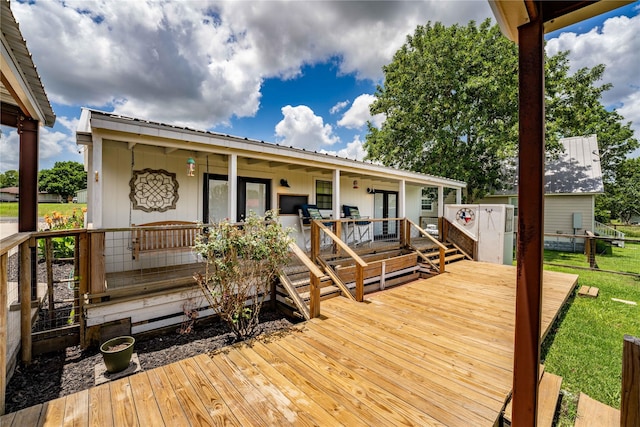 210 N Scott St, Fayetteville, TX 78940 - wooden terrace featuring french doors and a lawn