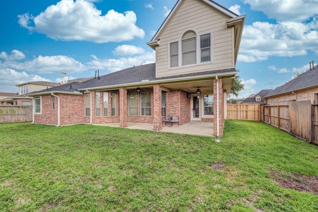19507 Gladewater Ct, Cypress, TX 77433 - back of property with brick siding, a fenced backyard, ceiling fan, and a patio area