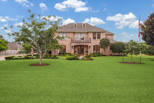 1002 Cowards Creek Ct, Friendswood, TX 77546 - rear view of property featuring a balcony, a yard, french doors, and brick siding