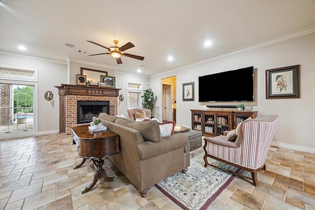 1002 Cowards Creek Ct, Friendswood, TX 77546 - living area with a fireplace, stone tile floors, ceiling fan, ornamental molding, and recessed lighting