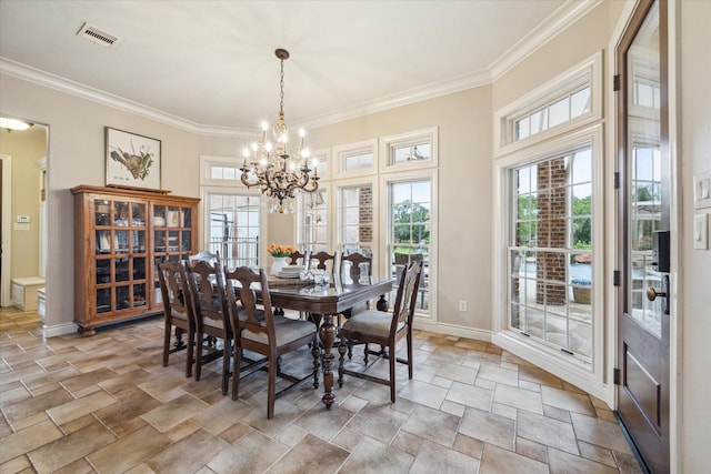 1002 Cowards Creek Ct, Friendswood, TX 77546 - dining room with stone finish flooring, a chandelier, and ornamental molding