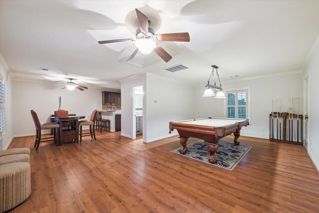 1002 Cowards Creek Ct, Friendswood, TX 77546 - game room featuring wood finished floors, billiards, a ceiling fan, and ornamental molding