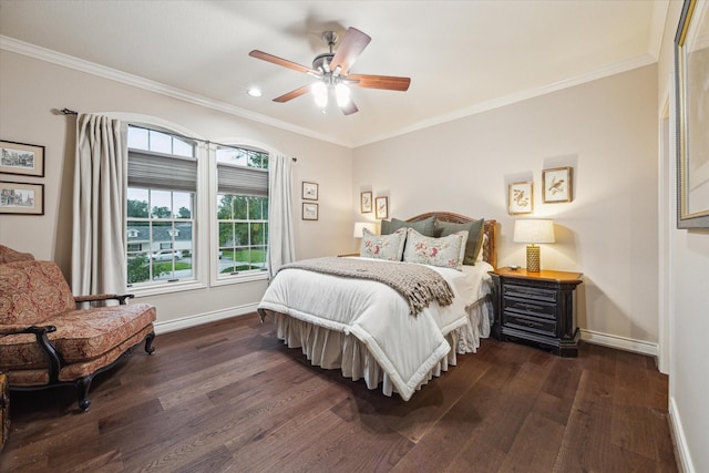 1002 Cowards Creek Ct, Friendswood, TX 77546 - bedroom featuring dark wood finished floors, ornamental molding, a ceiling fan, and recessed lighting