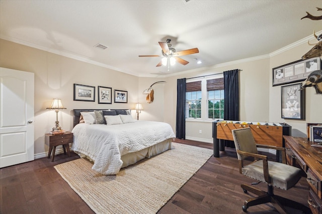 1002 Cowards Creek Ct, Friendswood, TX 77546 - bedroom featuring crown molding, dark wood finished floors, an office area, and a ceiling fan