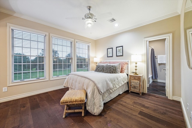 1002 Cowards Creek Ct, Friendswood, TX 77546 - bedroom featuring dark wood-style floors, ornamental molding, recessed lighting, ensuite bath, and ceiling fan