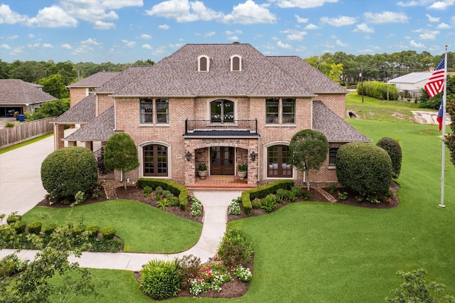 1002 Cowards Creek Ct, Friendswood, TX 77546 - rear view of property featuring a balcony, brick siding, and roof with shingles