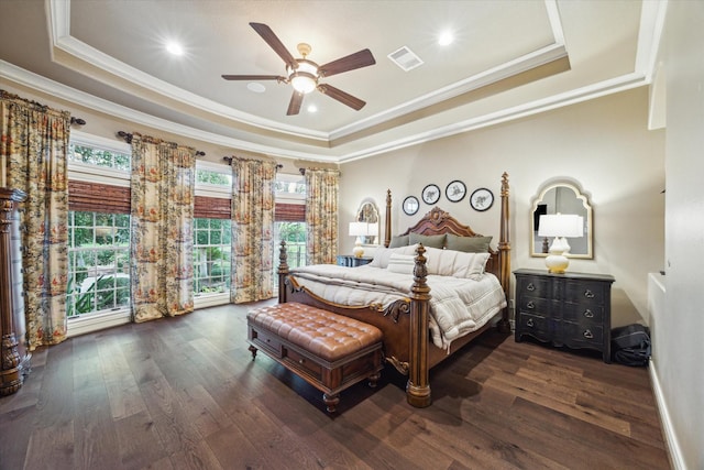 1002 Cowards Creek Ct, Friendswood, TX 77546 - bedroom with a raised ceiling, crown molding, wood finished floors, a ceiling fan, and recessed lighting