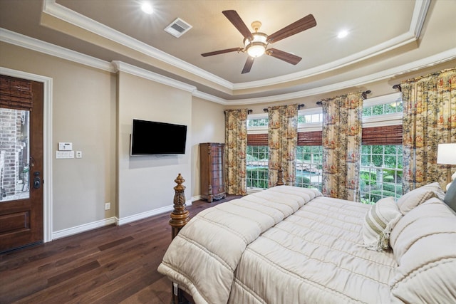 1002 Cowards Creek Ct, Friendswood, TX 77546 - bedroom with a raised ceiling, ornamental molding, dark wood-style flooring, recessed lighting, and ceiling fan