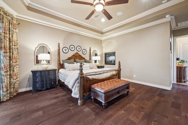 1002 Cowards Creek Ct, Friendswood, TX 77546 - bedroom featuring a raised ceiling, crown molding, wood finished floors, and a ceiling fan