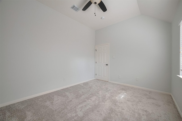 11607 Buck Springs Trl, Tomball, TX 77377 - empty room featuring a ceiling fan, light carpet, and vaulted ceiling