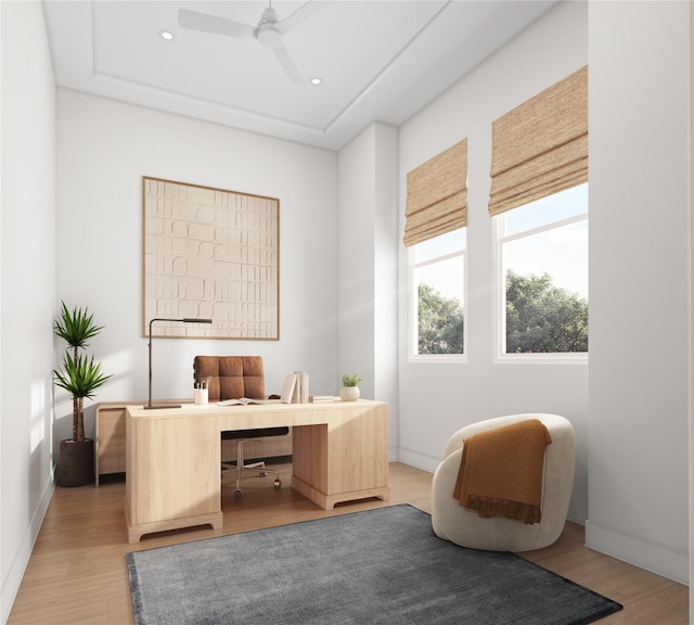1002 E 25th St, Houston, TX 77009 - office area featuring light wood-type flooring, a ceiling fan, and recessed lighting