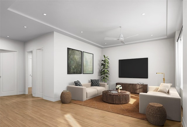 1002 E 25th St, Houston, TX 77009 - living room featuring wood finished floors, a ceiling fan, and recessed lighting