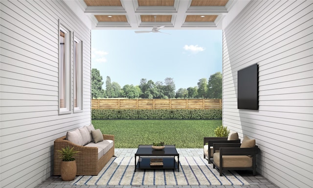 1002 E 25th St, Houston, TX 77009 - fenced backyard with outdoor lounge area, a patio area, and a ceiling fan