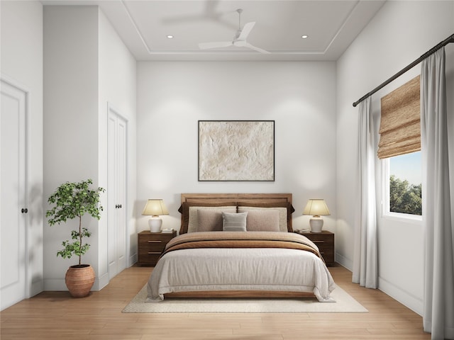 1002 E 25th St, Houston, TX 77009 - bedroom with light wood finished floors, recessed lighting, and ceiling fan