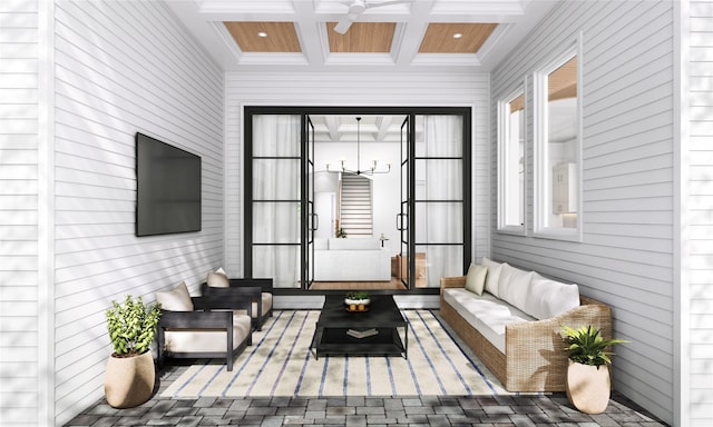 1002 E 25th St, Houston, TX 77009 - sunroom with an outdoor living space, beam ceiling, coffered ceiling, and a ceiling fan